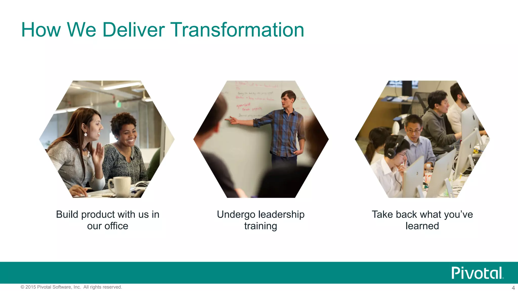 4© 2015 Pivotal Software, Inc. All rights reserved.
How We Deliver Transformation
Build product with us in
our office
Undergo leadership
training
Take back what you’ve
learned
 