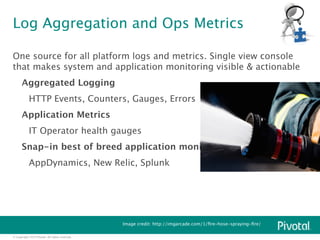 Log Aggregation and Ops Metrics 
One source for all platform logs and metrics. Single view console 
that makes system and application monitoring visible & actionable 
Ÿ Aggregated Logging 
HTTP Events, Counters, Gauges, Errors 
Ÿ Application Metrics 
IT Operator health gauges 
Ÿ Snap-in best of breed application monitors 
AppDynamics, New Relic, Splunk 
© Copyright 2014 Pivotal. All rights reserved. 
Image credit: http://imgarcade.com/1/fire-hose-spraying-fire/ 
 