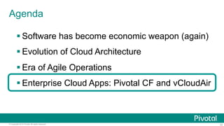 Agenda 
§ Software has become economic weapon (again) 
§ Evolution of Cloud Architecture 
§ Era of Agile Operations 
§ Enterprise Cloud Apps: Pivotal CF and vCloudAir 
© Copyright 2014 Pivotal. All rights reserved. 22 
 