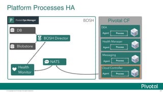 DB 
© Copyright 2014 Pivotal. All rights reserved. 
47 
Platform Processes HA 
Blobstore 
BOSH 
Health 
Monitor 
Pivotal CF 
DEA 
Agent Process 
Health Manager 
Agent 
Messaging 
Agent 
Process 
Process 
Cloud Controller Target 
BOSH Director 
NATS 
Agent 
Process 
 