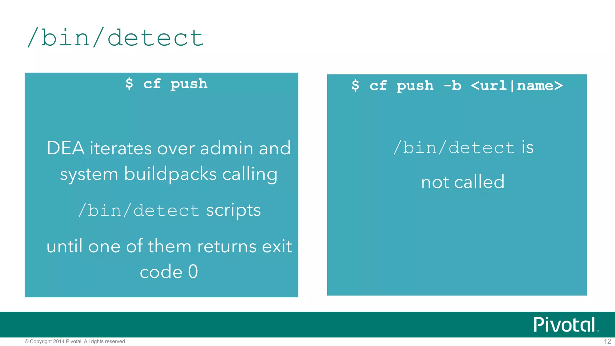 /bin/detect 
$ cf push 
© Copyright 2014 Pivotal. All rights reserved. 
! 
DEA iterates over admin and 
system buildpacks calling 
/bin/detect scripts 
until one of them returns exit 
code 0 
12 
$ cf push -b <url|name> 
! 
/bin/detect is 
not called 
 