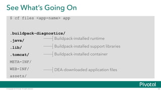 See What’s Going On 
$ cf files <app-name> app 
! 
.buildpack-diagnostics/ 
.java/ 
.lib/ 
.tomcat/ 
META-INF/ 
WEB-INF/ 
...
