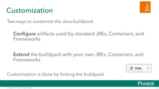 Customization 
Two ways to customize the Java buildpack 
! 
Configure artifacts used by standard JREs, Containers, and 
Fr...