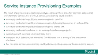 Service Instance Provisioning Examples 
The result of provisioning varies by service type, although there are a few common...