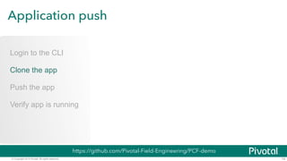 Service creation and bind 
© Copyright 2014 Pivotal. All rights reserved. 
24 
Create Service 
Bind service 
Restart App 
...