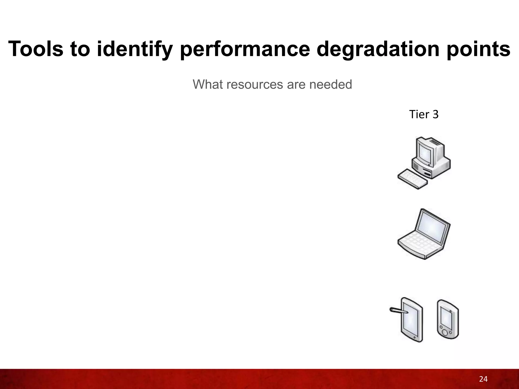 Tools to identify performance degradation points
                 What resources are needed

                                             Tier 3




                                                      24
 