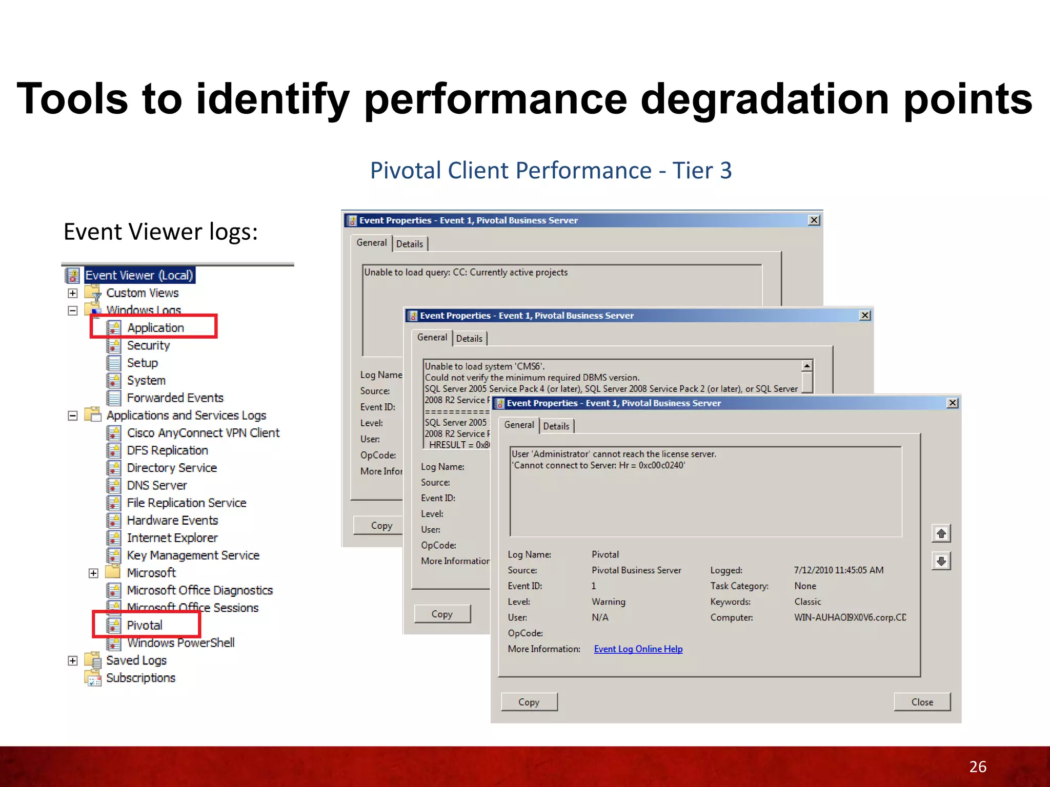 Tools to identify performance degradation points
                       Pivotal Client Performance - Tier 3

  Event Viewer logs:




                                                             26
 