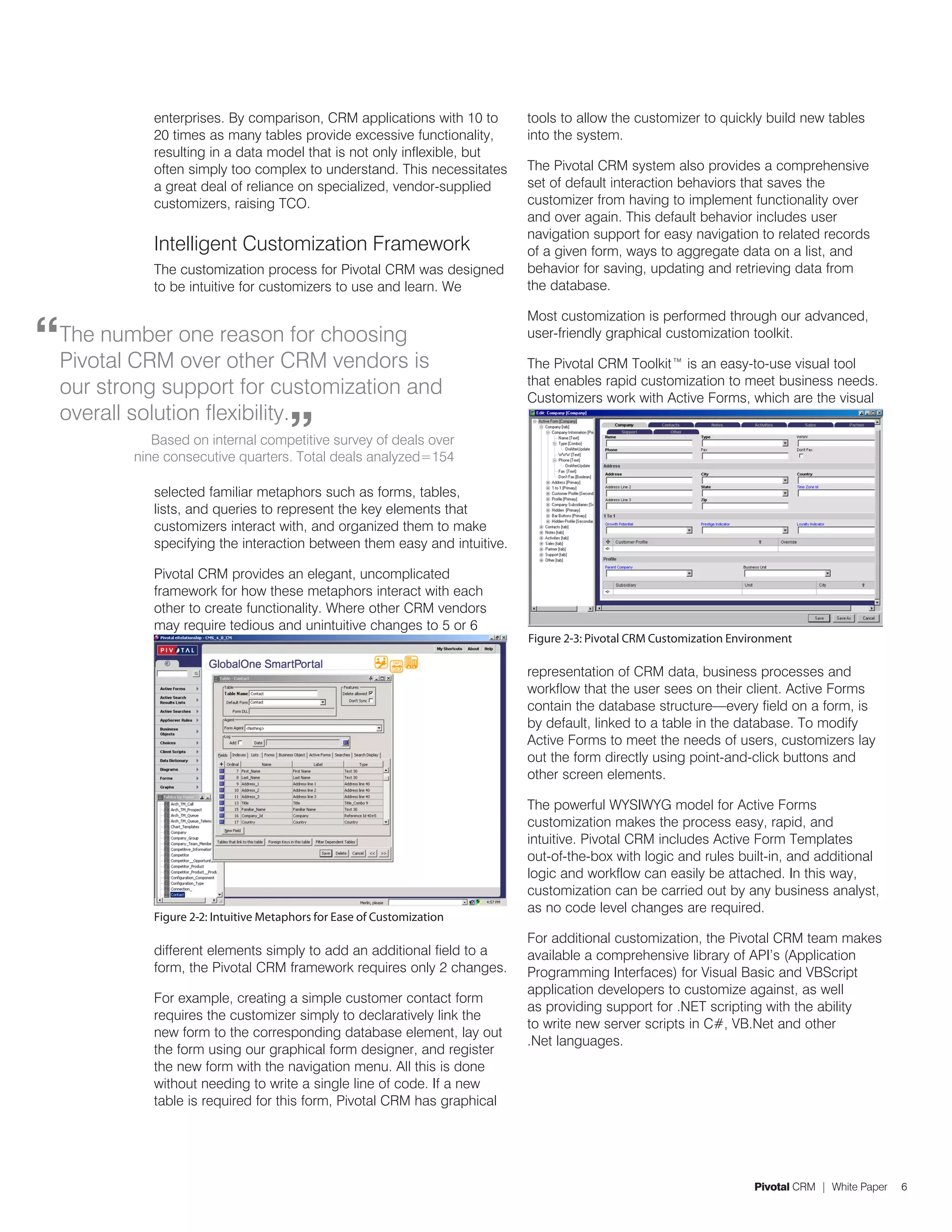 enterprises. By comparison, CRM applications with 10 to       tools to allow the customizer to quickly build new tables
              20 times as many tables provide excessive functionality,      into the system.
              resulting in a data model that is not only inflexible, but
              often simply too complex to understand. This necessitates     The Pivotal CRM system also provides a comprehensive
              a great deal of reliance on specialized, vendor-supplied      set of default interaction behaviors that saves the
              customizers, raising TCO.                                     customizer from having to implement functionality over
                                                                            and over again. This default behavior includes user
                                                                            navigation support for easy navigation to related records
              Intelligent Customization Framework                           of a given form, ways to aggregate data on a list, and
              The customization process for Pivotal CRM was designed        behavior for saving, updating and retrieving data from
              to be intuitive for customizers to use and learn. We          the database.



“
                                                                            Most customization is performed through our advanced,
    The number one reason for choosing                                      user-friendly graphical customization toolkit.

    Pivotal CRM over other CRM vendors is                                   The Pivotal CRM Toolkit™ is an easy-to-use visual tool
                                                                            that enables rapid customization to meet business needs.
    our strong support for customization and                                Customizers work with Active Forms, which are the visual


                                        ”
    overall solution flexibility.
              Based on internal competitive survey of deals over
           nine consecutive quarters. Total deals analyzed=154

              selected familiar metaphors such as forms, tables,
              lists, and queries to represent the key elements that
              customizers interact with, and organized them to make
              specifying the interaction between them easy and intuitive.

              Pivotal CRM provides an elegant, uncomplicated
              framework for how these metaphors interact with each
              other to create functionality. Where other CRM vendors
              may require tedious and unintuitive changes to 5 or 6
                                                                            Figure 2-3: Pivotal CRM Customization Environment

                                                                            representation of CRM data, business processes and
                                                                            workflow that the user sees on their client. Active Forms
                                                                            contain the database structure—every field on a form, is
                                                                            by default, linked to a table in the database. To modify
                                                                            Active Forms to meet the needs of users, customizers lay
                                                                            out the form directly using point-and-click buttons and
                                                                            other screen elements.

                                                                            The powerful WYSIWYG model for Active Forms
                                                                            customization makes the process easy, rapid, and
                                                                            intuitive. Pivotal CRM includes Active Form Templates
                                                                            out-of-the-box with logic and rules built-in, and additional
                                                                            logic and workflow can easily be attached. In this way,
                                                                            customization can be carried out by any business analyst,
                                                                            as no code level changes are required.
              Figure 2-2: Intuitive Metaphors for Ease of Customization
                                                                            For additional customization, the Pivotal CRM team makes
              different elements simply to add an additional field to a     available a comprehensive library of API’s (Application
              form, the Pivotal CRM framework requires only 2 changes.      Programming Interfaces) for Visual Basic and VBScript
                                                                            application developers to customize against, as well
              For example, creating a simple customer contact form
                                                                            as providing support for .NET scripting with the ability
              requires the customizer simply to declaratively link the
                                                                            to write new server scripts in C#, VB.Net and other
              new form to the corresponding database element, lay out
                                                                            .Net languages.
              the form using our graphical form designer, and register
              the new form with the navigation menu. All this is done
              without needing to write a single line of code. If a new
              table is required for this form, Pivotal CRM has graphical




                                                                                                                     Pivotal CRM | White Paper   6
 