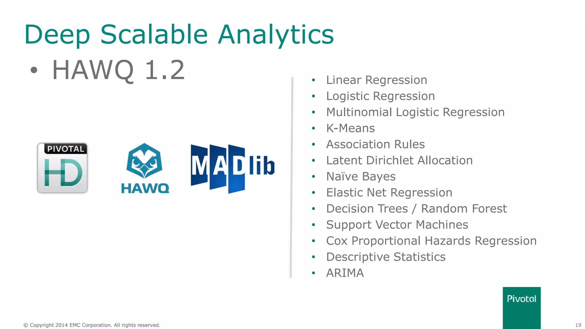 19© Copyright 2014 EMC Corporation. All rights reserved.© Copyright 2014 EMC Corporation. All rights reserved.
• HAWQ 1.2
Deep Scalable Analytics
• Linear Regression
• Logistic Regression
• Multinomial Logistic Regression
• K-Means
• Association Rules
• Latent Dirichlet Allocation
• Naïve Bayes
• Elastic Net Regression
• Decision Trees / Random Forest
• Support Vector Machines
• Cox Proportional Hazards Regression
• Descriptive Statistics
• ARIMA
 