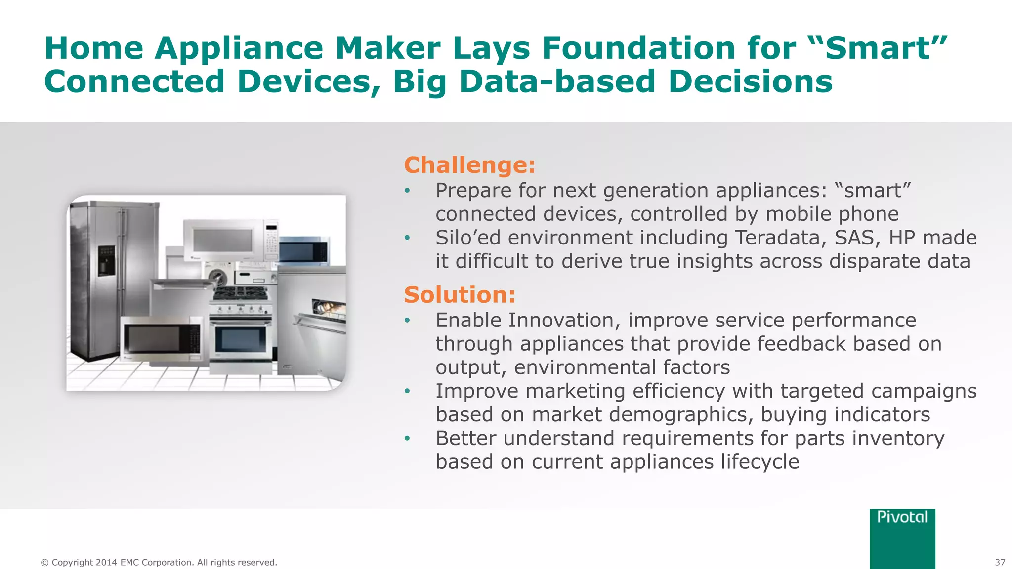37© Copyright 2014 EMC Corporation. All rights reserved.© Copyright 2014 EMC Corporation. All rights reserved.
Home Appliance Maker Lays Foundation for “Smart”
Connected Devices, Big Data-based Decisions
Challenge:
• Prepare for next generation appliances: “smart”
connected devices, controlled by mobile phone
• Silo’ed environment including Teradata, SAS, HP made
it difficult to derive true insights across disparate data
Solution:
• Enable Innovation, improve service performance
through appliances that provide feedback based on
output, environmental factors
• Improve marketing efficiency with targeted campaigns
based on market demographics, buying indicators
• Better understand requirements for parts inventory
based on current appliances lifecycle
 