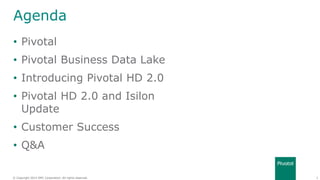 2© Copyright 2014 EMC Corporation. All rights reserved.© Copyright 2014 EMC Corporation. All rights reserved.
Agenda
• Pivotal
• Pivotal Business Data Lake
• Introducing Pivotal HD 2.0
• Pivotal HD 2.0 and Isilon
Update
• Customer Success
• Q&A
 