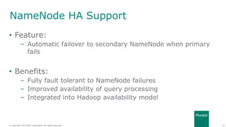 23© Copyright 2014 EMC Corporation. All rights reserved.© Copyright 2014 EMC Corporation. All rights reserved.
NameNode HA Support
• Feature:
– Automatic failover to secondary NameNode when primary
fails
• Benefits:
– Fully fault tolerant to NameNode failures
– Improved availability of query processing
– Integrated into Hadoop availability model
 