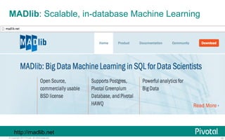 MADlib: Scalable, in-database Machine Learning 
http://madlib.net 
© Copyright 2013 Pivotal. All rights reserved. 20 
 
