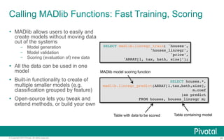 Calling MADlib Functions: Fast Training, Scoring 
SELECT madlib.linregr_train( 'houses’,! 
'houses_linregr’,! 
'price’,! 
'ARRAY[1, tax, bath, size]’);! 
SELECT houses.*, 
MADlib model scoring function 
madlib.linregr_predict(ARRAY[1,tax,bath,size], 
m.coef! 
)as predict ! 
FROM houses, houses_linregr m;! 
Table with data to be scored Table containing model 
Ÿ MADlib allows users to easily and 
create models without moving data 
out of the systems 
– Model generation 
– Model validation 
– Scoring (evaluation of) new data 
Ÿ All the data can be used in one 
model 
Ÿ Built-in functionality to create of 
multiple smaller models (e.g. 
classification grouped by feature) 
Ÿ Open-source lets you tweak and 
extend methods, or build your own 
© Copyright 2013 Pivotal. All rights reserved. 29 
 