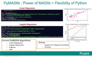 PyMADlib : Power of MADlib + Flexibility of Python 
Linear Regression 
Logistic Regression 
Extras 
Current PyMADlib Algorithms 
– Linear Regression 
– Logistic Regression 
– K-Means 
– LDA 
http://pivotalsoftware.github.io/pymadlib/ 
– Support for Categorical variables 
– Pivoting 
© Copyright 2013 Pivotal. All rights reserved. 34 
 