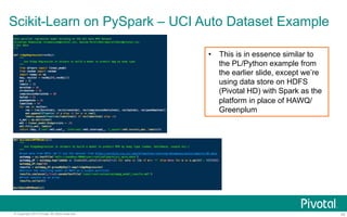 Scikit-Learn on PySpark – UCI Auto Dataset Example 
• This is in essence similar to 
the PL/Python example from 
the earlier slide, except we’re 
using data store on HDFS 
(Pivotal HD) with Spark as the 
platform in place of HAWQ/ 
Greenplum 
© Copyright 2013 Pivotal. All rights reserved. 42 
 