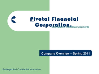 P ivotal Financial Corporation.   innovation in healthcare payments  Company Overview – Spring 2011 Privileged And Confidential Information 