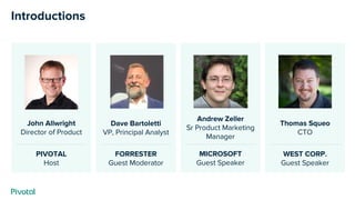 John Allwright
Director of Product
Introductions
PIVOTAL
Host
Dave Bartoletti
VP, Principal Analyst
FORRESTER
Guest Modera...