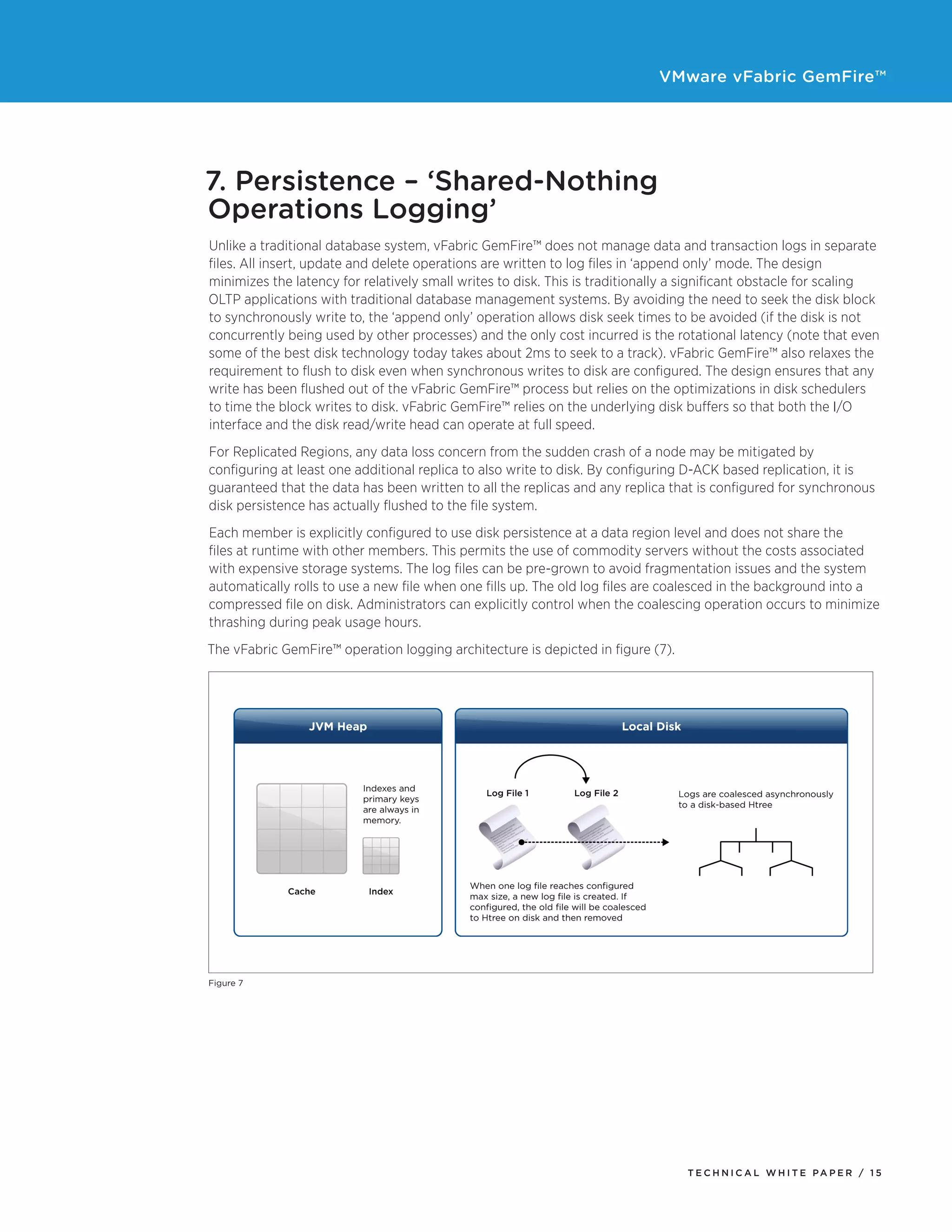 VMware vFabric GemFire™
T E C H N I C A L W H I T E PA P E R / 1 5
7. Persistence – ‘Shared-Nothing
Operations Logging’
Unlike a traditional database system, vFabric GemFire™ does not manage data and transaction logs in separate
files. All insert, update and delete operations are written to log files in ‘append only’ mode. The design
minimizes the latency for relatively small writes to disk. This is traditionally a significant obstacle for scaling
OLTP applications with traditional database management systems. By avoiding the need to seek the disk block
to synchronously write to, the ‘append only’ operation allows disk seek times to be avoided (if the disk is not
concurrently being used by other processes) and the only cost incurred is the rotational latency (note that even
some of the best disk technology today takes about 2ms to seek to a track). vFabric GemFire™ also relaxes the
requirement to flush to disk even when synchronous writes to disk are configured. The design ensures that any
write has been flushed out of the vFabric GemFire™ process but relies on the optimizations in disk schedulers
to time the block writes to disk. vFabric GemFire™ relies on the underlying disk buffers so that both the I/O
interface and the disk read/write head can operate at full speed.
For Replicated Regions, any data loss concern from the sudden crash of a node may be mitigated by
configuring at least one additional replica to also write to disk. By configuring D-ACK based replication, it is
guaranteed that the data has been written to all the replicas and any replica that is configured for synchronous
disk persistence has actually flushed to the file system.
Each member is explicitly configured to use disk persistence at a data region level and does not share the
files at runtime with other members. This permits the use of commodity servers without the costs associated
with expensive storage systems. The log files can be pre-grown to avoid fragmentation issues and the system
automatically rolls to use a new file when one fills up. The old log files are coalesced in the background into a
compressed file on disk. Administrators can explicitly control when the coalescing operation occurs to minimize
thrashing during peak usage hours.
The vFabric GemFire™ operation logging architecture is depicted in figure (7).
Figure 7
 