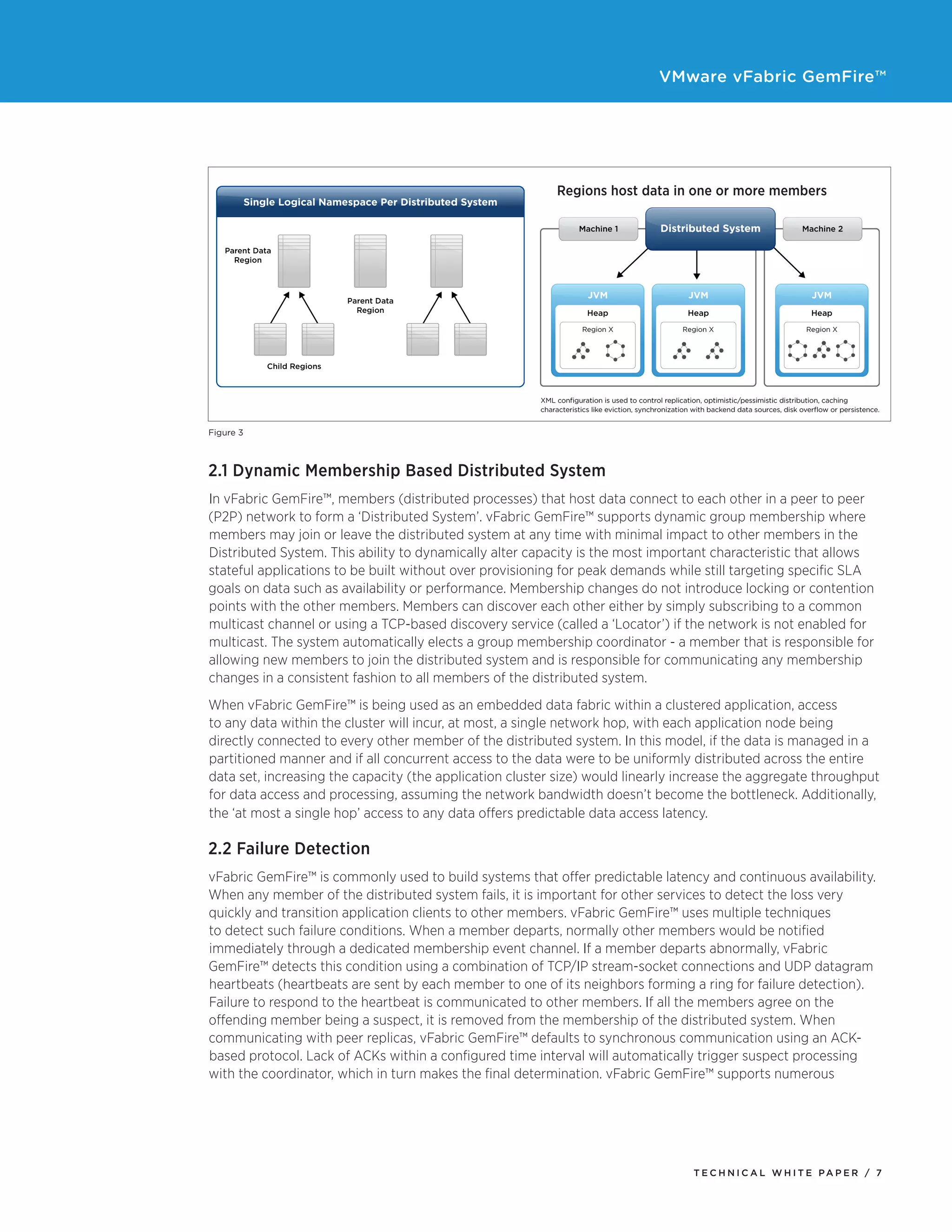 VMware vFabric GemFire™
T E C H N I C A L W H I T E PA P E R / 7
Figure 3
2.1 Dynamic Membership Based Distributed System
In vFabric GemFire™, members (distributed processes) that host data connect to each other in a peer to peer
(P2P) network to form a ‘Distributed System’. vFabric GemFire™ supports dynamic group membership where
members may join or leave the distributed system at any time with minimal impact to other members in the
Distributed System. This ability to dynamically alter capacity is the most important characteristic that allows
stateful applications to be built without over provisioning for peak demands while still targeting specific SLA
goals on data such as availability or performance. Membership changes do not introduce locking or contention
points with the other members. Members can discover each other either by simply subscribing to a common
multicast channel or using a TCP-based discovery service (called a ‘Locator’) if the network is not enabled for
multicast. The system automatically elects a group membership coordinator - a member that is responsible for
allowing new members to join the distributed system and is responsible for communicating any membership
changes in a consistent fashion to all members of the distributed system.
When vFabric GemFire™ is being used as an embedded data fabric within a clustered application, access
to any data within the cluster will incur, at most, a single network hop, with each application node being
directly connected to every other member of the distributed system. In this model, if the data is managed in a
partitioned manner and if all concurrent access to the data were to be uniformly distributed across the entire
data set, increasing the capacity (the application cluster size) would linearly increase the aggregate throughput
for data access and processing, assuming the network bandwidth doesn’t become the bottleneck. Additionally,
the ‘at most a single hop’ access to any data offers predictable data access latency.
2.2 Failure Detection
vFabric GemFire™ is commonly used to build systems that offer predictable latency and continuous availability.
When any member of the distributed system fails, it is important for other services to detect the loss very
quickly and transition application clients to other members. vFabric GemFire™ uses multiple techniques
to detect such failure conditions. When a member departs, normally other members would be notified
immediately through a dedicated membership event channel. If a member departs abnormally, vFabric
GemFire™ detects this condition using a combination of TCP/IP stream-socket connections and UDP datagram
heartbeats (heartbeats are sent by each member to one of its neighbors forming a ring for failure detection).
Failure to respond to the heartbeat is communicated to other members. If all the members agree on the
offending member being a suspect, it is removed from the membership of the distributed system. When
communicating with peer replicas, vFabric GemFire™ defaults to synchronous communication using an ACK-
based protocol. Lack of ACKs within a configured time interval will automatically trigger suspect processing
with the coordinator, which in turn makes the final determination. vFabric GemFire™ supports numerous
Regions host data in one or more members
 