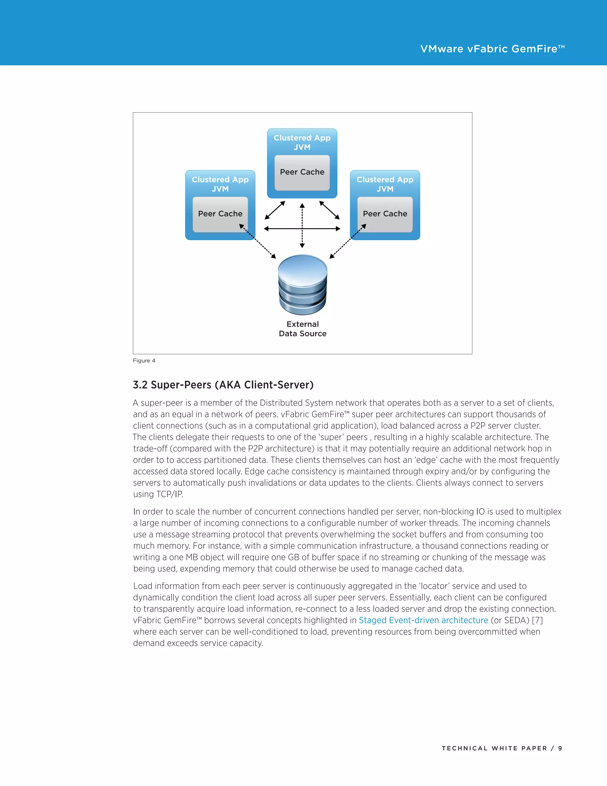 VMware vFabric GemFire™
T E C H N I C A L W H I T E PA P E R / 9
Figure 4
3.2 Super-Peers (AKA Client-Server)
A super-peer is a member of the Distributed System network that operates both as a server to a set of clients,
and as an equal in a network of peers. vFabric GemFire™ super peer architectures can support thousands of
client connections (such as in a computational grid application), load balanced across a P2P server cluster.
The clients delegate their requests to one of the ‘super’ peers , resulting in a highly scalable architecture. The
trade-off (compared with the P2P architecture) is that it may potentially require an additional network hop in
order to to access partitioned data. These clients themselves can host an ‘edge’ cache with the most frequently
accessed data stored locally. Edge cache consistency is maintained through expiry and/or by configuring the
servers to automatically push invalidations or data updates to the clients. Clients always connect to servers
using TCP/IP.
In order to scale the number of concurrent connections handled per server, non-blocking IO is used to multiplex
a large number of incoming connections to a configurable number of worker threads. The incoming channels
use a message streaming protocol that prevents overwhelming the socket buffers and from consuming too
much memory. For instance, with a simple communication infrastructure, a thousand connections reading or
writing a one MB object will require one GB of buffer space if no streaming or chunking of the message was
being used, expending memory that could otherwise be used to manage cached data.
Load information from each peer server is continuously aggregated in the ‘locator’ service and used to
dynamically condition the client load across all super peer servers. Essentially, each client can be configured
to transparently acquire load information, re-connect to a less loaded server and drop the existing connection.
vFabric GemFire™ borrows several concepts highlighted in Staged Event-driven architecture (or SEDA) [7]
where each server can be well-conditioned to load, preventing resources from being overcommitted when
demand exceeds service capacity.
 
