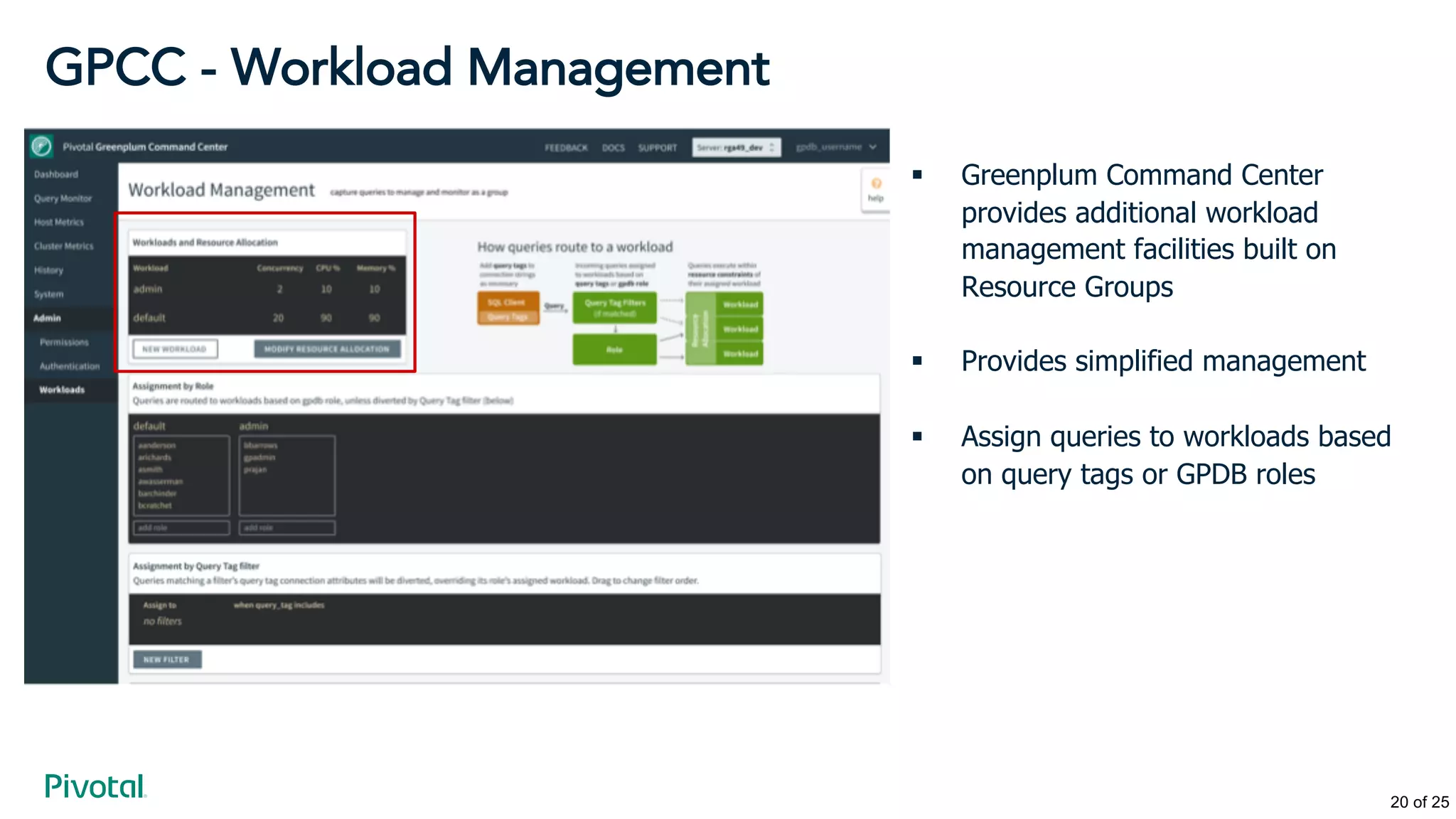 § Greenplum Command Center
provides additional workload
management facilities built on
Resource Groups
§ Provides simplified management
§ Assign queries to workloads based
on query tags or GPDB roles
GPCC - Workload Management
20 of 25
 