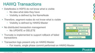 19© 2015 Pivotal Software, Inc. All rights reserved.
HAWQ Transactions
Ÿ  DataNodes in HDFS do not know what is visible
–  No idea what data they have
–  Visibility is defined by the NameNode
Ÿ  Therefore, segment nodes do not know what is visible
–  Visibility is defined by HAWQ Master
Ÿ  No distributed transaction management
–  No UPDATE or DELETE
Ÿ  Truncate is implemented to support rollback of failed
transactions
Ÿ  Transaction logs present only on HAWQ Master
–  For inserts, single phase commit performed on HAWQ Master
Local Storage
HAWQ Master
Local TM
Query Executor
Parser Query Optimizer
Dispatch
Catalog
 