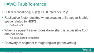 20© 2015 Pivotal Software, Inc. All rights reserved.
HAWQ Fault Tolerance
Ÿ  HDFS replication을 사용한 Fault tolerance 보장
Ÿ  Replication factor decided when creating a file-space & table-
space related to HDFS
–  Default is 3
Ÿ  When a segment server goes down shard is accessible from
another node
–  No data stored for mirrors
Ÿ  Recovery of segment through regular gprecoverseg
 