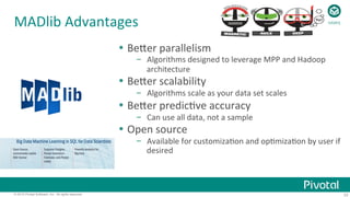 33© 2015 Pivotal Software, Inc. All rights reserved.
MADlib	
  Advantages	
  
Ÿ  Be[er	
  parallelism	
  
–  Algorithms	
  designed	
  to	
  leverage	
  MPP	
  and	
  Hadoop	
  
architecture	
  
Ÿ  Be[er	
  scalability	
  
–  Algorithms	
  scale	
  as	
  your	
  data	
  set	
  scales	
  
Ÿ  Be[er	
  predic;ve	
  accuracy	
  
–  Can	
  use	
  all	
  data,	
  not	
  a	
  sample	
  
Ÿ  Open	
  source	
  
–  Available	
  for	
  customiza;on	
  and	
  op;miza;on	
  by	
  user	
  if	
  
desired	
  
HAWQ	
  
 