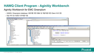 41© 2015 Pivotal Software, Inc. All rights reserved.
HAWQ Client Program - Aginitiy Workbench 
Aginitiy Workbench for EMC Greenplum
- HAWQ / Greenplum database 사용자를 위한 DBA 및 개발자를 위한 Client 프로그램
- 한글 처리 및 다양한 다국어를 지원
 