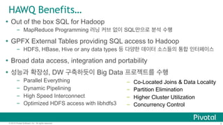 8© 2015 Pivotal Software, Inc. All rights reserved.
HAWQ Benefits…
Ÿ  Out of the box SQL for Hadoop
–  MapReduce Programming 러닝 커브 없이 SQL만으로 분석 수행
Ÿ  GPFX External Tables providing SQL access to Hadoop
–  HDFS, HBase, Hive or any data types 등 다양한 데이터 소스들의 통합 인터페이스
Ÿ  Broad data access, integration and portability
Ÿ  성능과 확장성, DW 구축하듯이 Big Data 프로젝트를 수행
–  Parallel Everything
–  Dynamic Pipelining
–  High Speed Interconnect
–  Optimized HDFS access with libhdfs3
–  Co-Located Joins & Data Locality
–  Partition Elimination
–  Higher Cluster Utilization
–  Concurrency Control
 