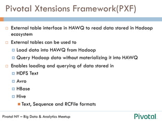 Pivotal NY – Big Data & Analytics Meetup
Pivotal Xtensions Framework(PXF)
¨  External table interface in HAWQ to read data stored in Hadoop
ecosystem
¨  External tables can be used to
¤  Load data into HAWQ from Hadoop
¤  Query Hadoop data without materializing it into HAWQ
¨  Enables loading and querying of data stored in
¤  HDFS Text
¤  Avro
¤  HBase
¤  Hive
n Text, Sequence and RCFile formats
 