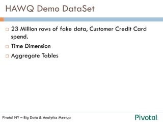 Pivotal NY – Big Data & Analytics Meetup
HAWQ Demo DataSet
¨  23 Million rows of fake data, Customer Credit Card
spend.
¨  Time Dimension
¨  Aggregate Tables
 