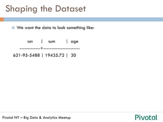 Pivotal NY – Big Data & Analytics Meetup
Shaping the Dataset
¤  We want the data to look something like:
ssn | sum | age
-------------+-----------------------
621-95-5488 | 19435.72 | 30
 