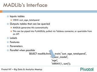 Pivotal NY – Big Data & Analytics Meetup
MADLib’s Interface
¤  Inputs: tables
n  VIEW: cust_age_totalspend
¤  Outputs: tables that can be queried
n  MADLib generates this automatically
n  This can be piped into PyMADLib, pulled via Tableau connector, or queriable from
an API
¤  Labels
¤  Features
¤  Parameters
¤  Parallel when possible
SELECT madlib.linregr_train( 'cust_age_totalspend',
'linear_model',
'age',
'ARRAY[1, sum]’);
 