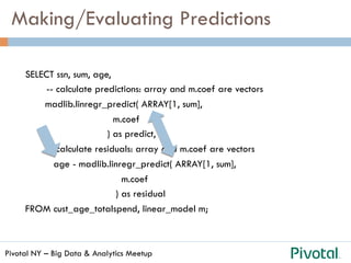 Pivotal NY – Big Data & Analytics Meetup
Making/Evaluating Predictions
SELECT ssn, sum, age,
-- calculate predictions: array and m.coef are vectors
madlib.linregr_predict( ARRAY[1, sum],
m.coef
) as predict,
-- calculate residuals: array and m.coef are vectors
age - madlib.linregr_predict( ARRAY[1, sum],
m.coef
) as residual
FROM cust_age_totalspend, linear_model m;
 