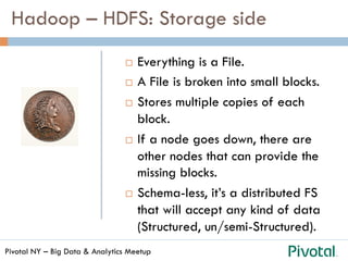 Pivotal NY – Big Data & Analytics Meetup
¨  Everything is a File.
¨  A File is broken into small blocks.
¨  Stores multiple copies of each
block.
¨  If a node goes down, there are
other nodes that can provide the
missing blocks.
¨  Schema-less, it’s a distributed FS
that will accept any kind of data
(Structured, un/semi-Structured).
Hadoop – HDFS: Storage side
 