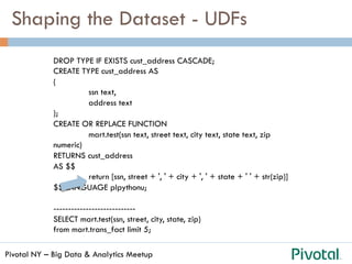 Pivotal NY – Big Data & Analytics Meetup
Shaping the Dataset - UDFs
DROP TYPE IF EXISTS cust_address CASCADE;
CREATE TYPE cust_address AS
(
ssn text,
address text
);
CREATE OR REPLACE FUNCTION
mart.test(ssn text, street text, city text, state text, zip
numeric)
RETURNS cust_address
AS $$
return [ssn, street + ', ' + city + ', ' + state + ' ' + str(zip)]
$$ LANGUAGE plpythonu;
----------------------------
SELECT mart.test(ssn, street, city, state, zip)
from mart.trans_fact limit 5;
 