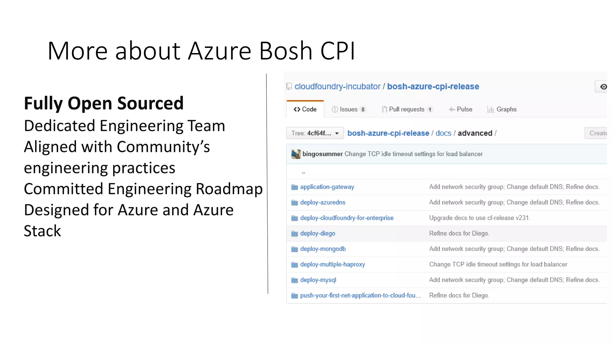 Fully Open Sourced
Dedicated Engineering Team
Aligned with Community’s
engineering practices
Committed Engineering Roadmap
Designed for Azure and Azure
Stack
More about Azure Bosh CPI
 