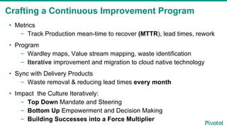 Crafting a Continuous Improvement Program
•  Metrics
–  Track Production mean-time to recover (MTTR), lead times, rework
•...