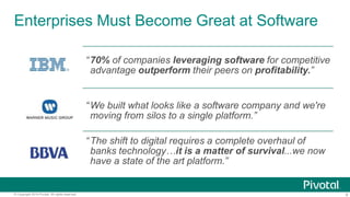 Enterprises Must Become Great at Software
“ 70% of companies leveraging software for competitive
advantage outperform their peers on profitability.”

“ We built what looks like a software company and we're
moving from silos to a single platform.”
“ The shift to digital requires a complete overhaul of
banks technology…it is a matter of survival...we now
have a state of the art platform.”

© Copyright 2014 Pivotal. All rights reserved.

8

 