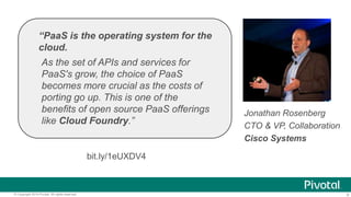 “PaaS is the operating system for the
cloud.
As the set of APIs and services for
PaaS's grow, the choice of PaaS
becomes more crucial as the costs of
porting go up. This is one of the
benefits of open source PaaS offerings
like Cloud Foundry.”

Jonathan Rosenberg
CTO & VP, Collaboration
Cisco Systems

bit.ly/1eUXDV4

© Copyright 2014 Pivotal. All rights reserved.

9

 