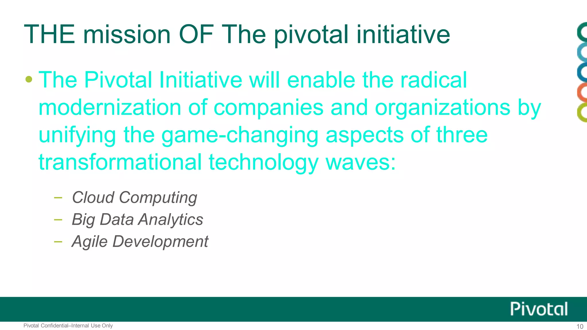 10Pivotal Confidential–Internal Use Only
THE mission OF The pivotal initiative
 The Pivotal Initiative will enable the radical
modernization of companies and organizations by
unifying the game-changing aspects of three
transformational technology waves:
– Cloud Computing
– Big Data Analytics
– Agile Development
 