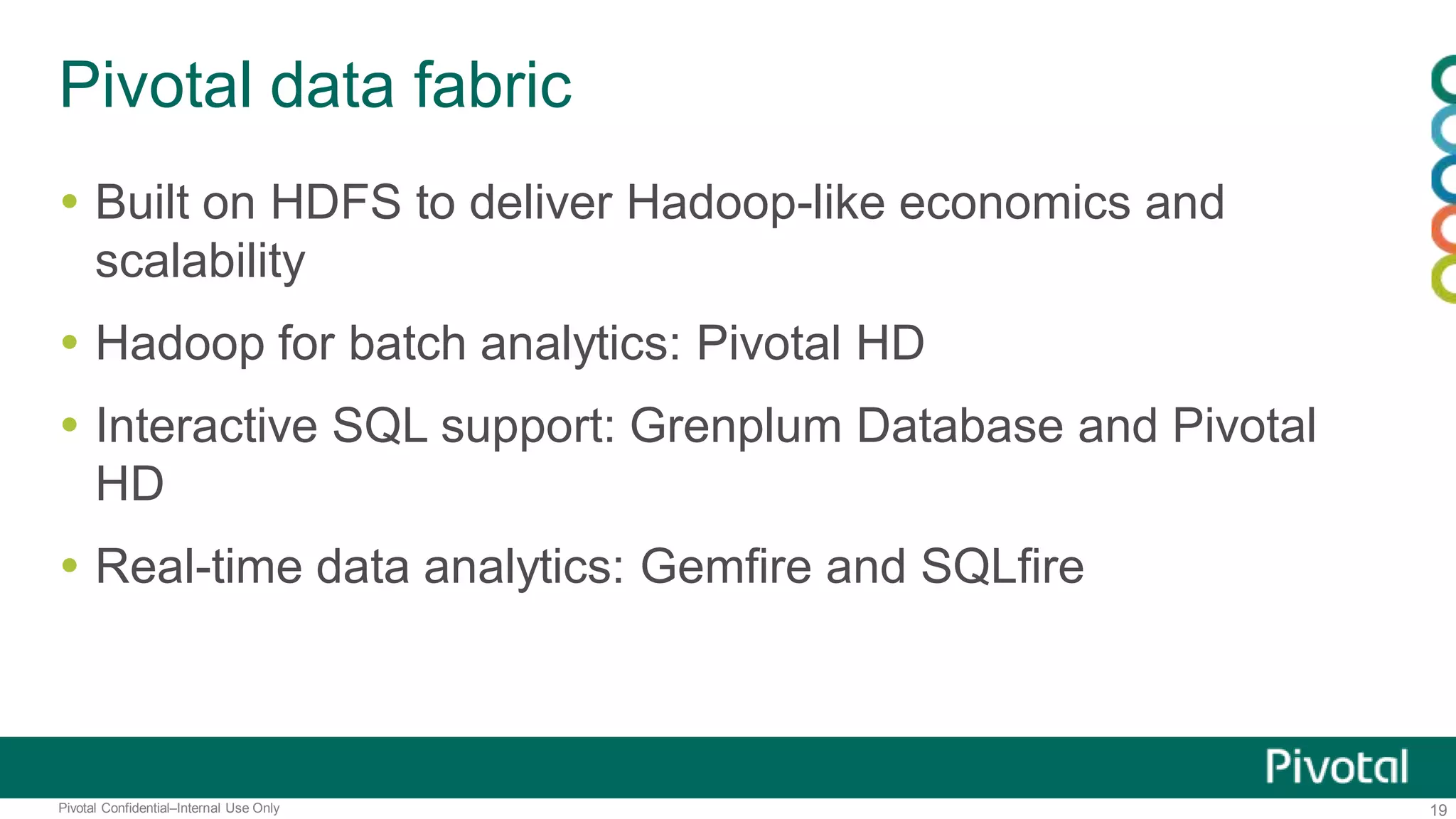 19Pivotal Confidential–Internal Use Only
Pivotal data fabric
 Built on HDFS to deliver Hadoop-like economics and
scalability
 Hadoop for batch analytics: Pivotal HD
 Interactive SQL support: Grenplum Database and Pivotal
HD
 Real-time data analytics: Gemfire and SQLfire
 
