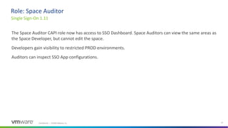 Confidential │ ©2020 VMware, Inc. 37
The Space Auditor CAPI role now has access to SSO Dashboard. Space Auditors can view the same areas as
the Space Developer, but cannot edit the space.
Developers gain visibility to restricted PROD environments.
Auditors can inspect SSO App configurations.
Single Sign-On 1.11
Role: Space Auditor
 