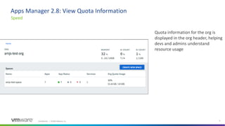 Confidential │ ©2020 VMware, Inc. 9
Speed
Apps Manager 2.8: View Quota Information
Quota information for the org is
displayed in the org header, helping
devs and admins understand
resource usage
 