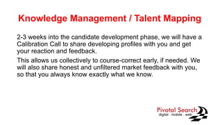 Knowledge Management / Talent Mapping
2-3 weeks into the candidate development phase, we will have a
Calibration Call to share developing profiles with you and get
your reaction and feedback.
This allows us collectively to course-correct early, if needed. We
will also share honest and unfiltered market feedback with you,
so that you always know exactly what we know.
 