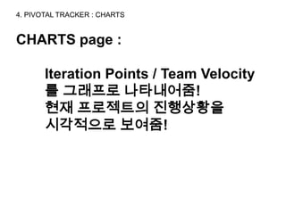 4. PIVOTAL TRACKER : CHARTS


CHARTS page :

       Iteration Points / Team Velocity
       를 그래프로 나타내어줌!
       현재 프로젝트의 진행상황을
       시각적으로 보여줌!
 