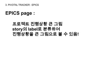 3. PIVOTAL TRACKER : EPICS


EPICS page :

     프로젝트 진행상황 큰 그림
     story의 label로 분류하여
     진행상황을 큰 그림으로 볼 수 있음!
 