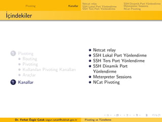 Pivoting Kanallar
Netcat relay
SSH Lokal Port Y¨onlendirme
SSH Ters Port Y¨onlendirme
SSH Dinamik Port Y¨onlendirme
Meterpreter Sessions
NCat Pivoting
˙I¸cindekiler
1 Pivoting
Routing
Pivoting
Kullanılan Pivoting Kanalları
Ara¸clar
2 Kanallar
Netcat relay
SSH Lokal Port Y¨onlendirme
SSH Ters Port Y¨onlendirme
SSH Dinamik Port
Y¨onlendirme
Meterpreter Sessions
NCat Pivoting
Dr. Ferhat ¨Ozg¨ur C¸atak ozgur.catak@tubitak.gov.tr Pivoting ve T¨unelleme
 